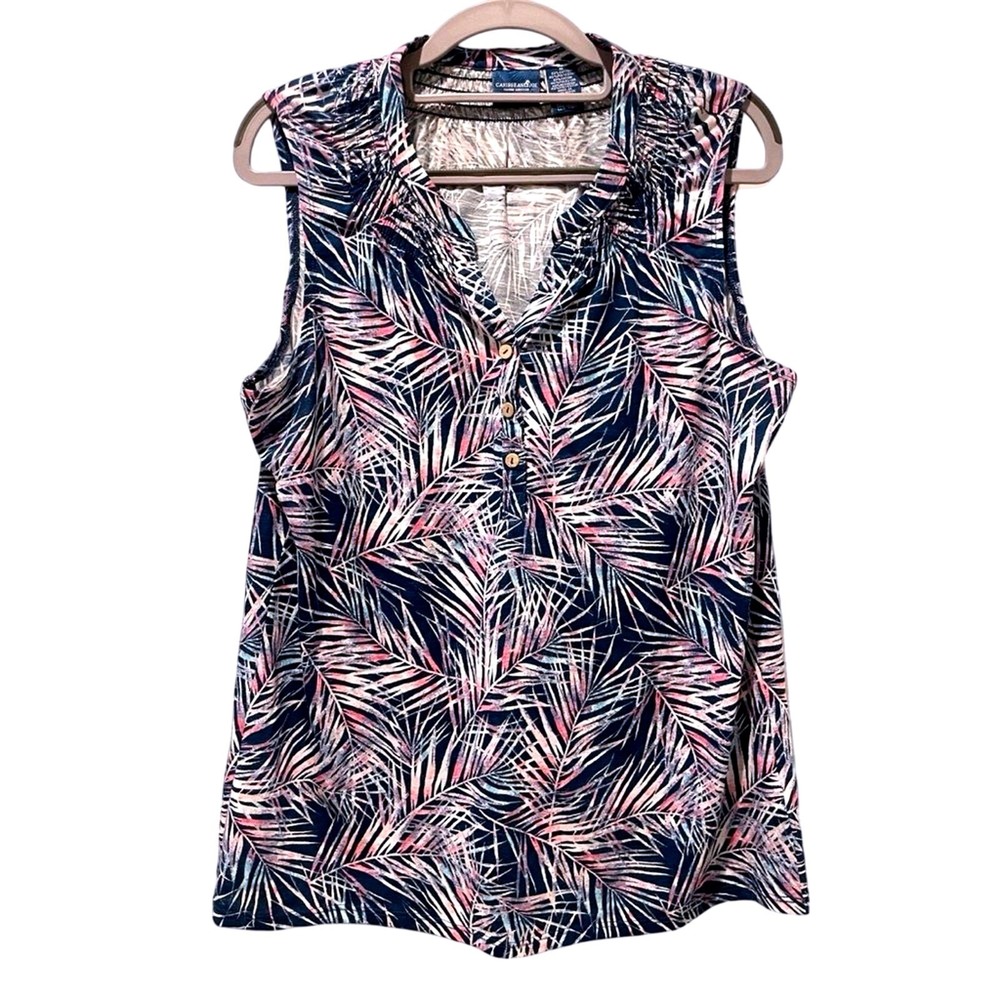 Caribbean Joe Womens Medium Pink Navy Tropical Palm Leaf Tank Top Sleeveless